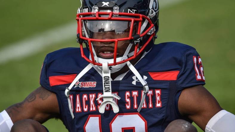 Jackson State WR Travis Hunter (12) is seen during their homecoming NCAA college football game against Campbell in Jackson, Miss., Saturday, October 22, 2022.

TCL JSU HOMECOMING 221