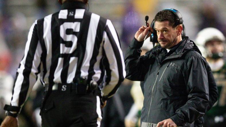 Nov 19, 2022; Baton Rouge, Louisiana, USA;  UAB Blazers interim head coach Bryant Vincent  talks to the side judge against the LSU Tigers during the second half at Tiger Stadium. Mandatory Credit: Stephen Lew-USA TODAY Sports