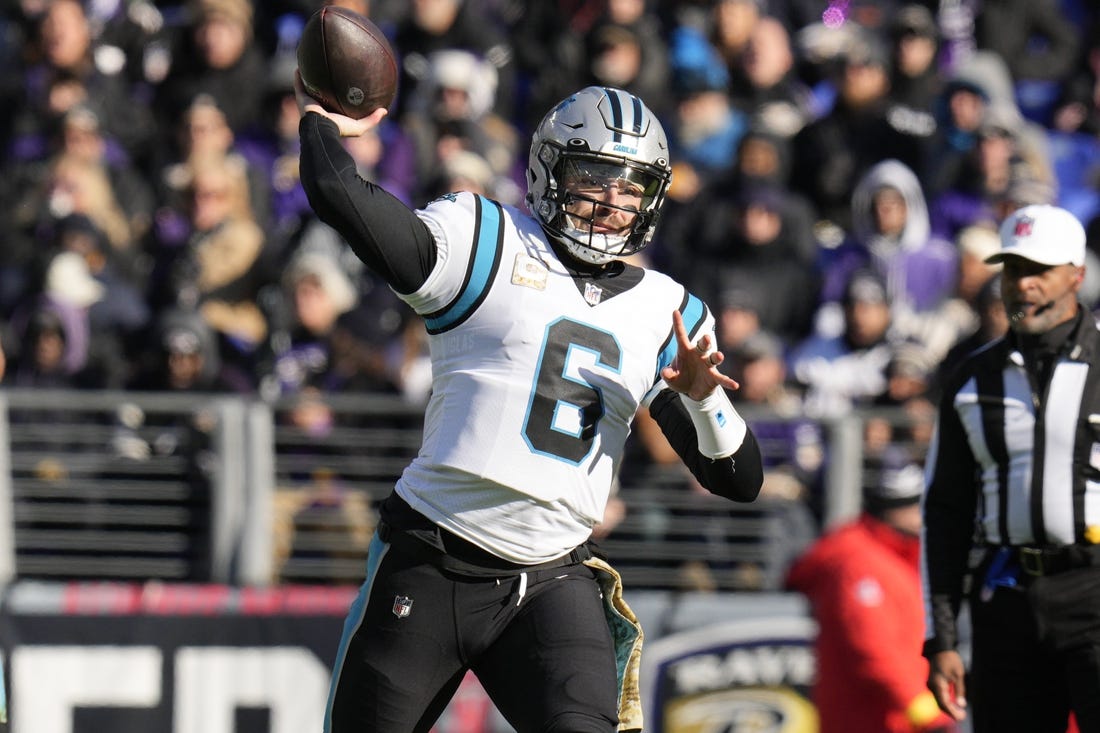 Nov 20, 2022; Baltimore, Maryland, USA;  Carolina Panthers quarterback Baker Mayfield (6) throws against the Baltimore Ravens during the first half at M&T Bank Stadium. Mandatory Credit: Jessica Rapfogel-USA TODAY Sports