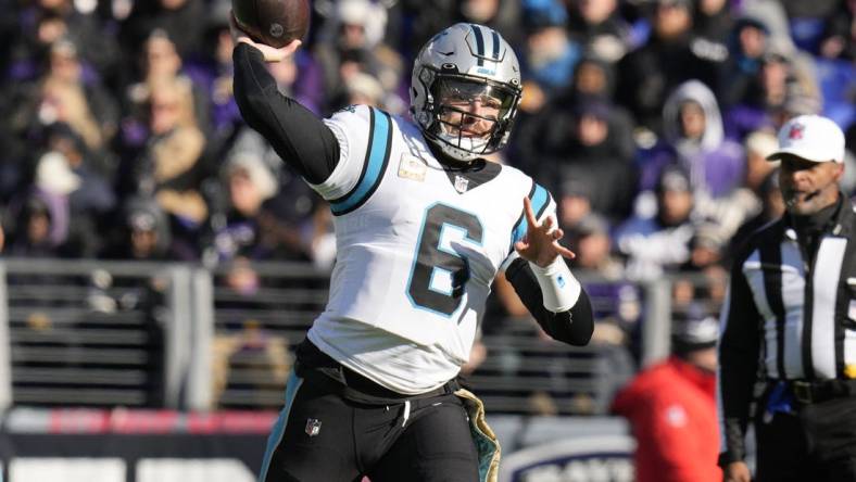 Nov 20, 2022; Baltimore, Maryland, USA;  Carolina Panthers quarterback Baker Mayfield (6) throws against the Baltimore Ravens during the first half at M&T Bank Stadium. Mandatory Credit: Jessica Rapfogel-USA TODAY Sports