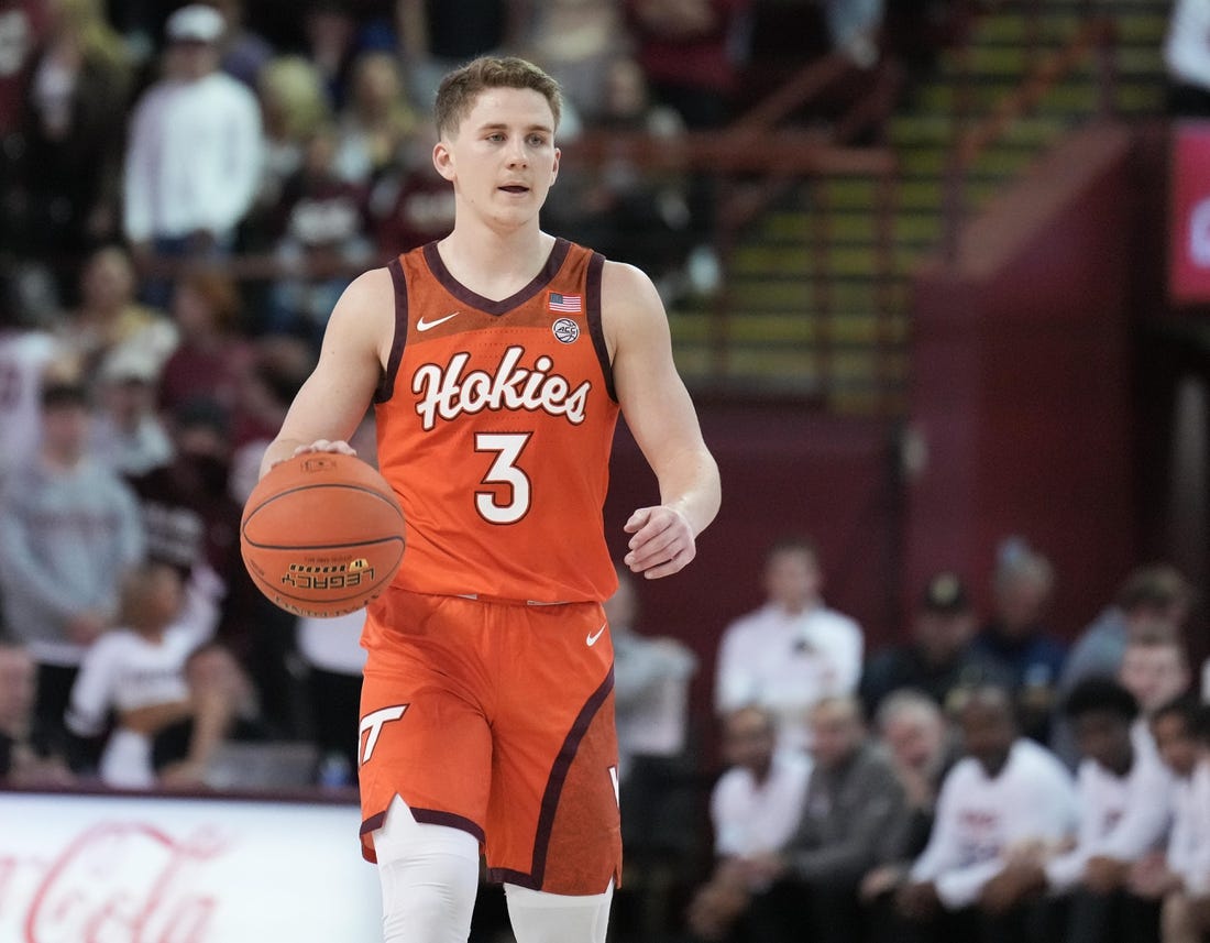 Nov 20, 2022; Charleston, South Carolina, USA; Virginia Tech Hokies guard Sean Pedulla (3) brings the ball up court in the first half against the Charleston Cougars at TD Arena. Mandatory Credit: David Yeazell-USA TODAY Sports