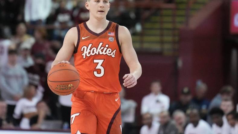 Nov 20, 2022; Charleston, South Carolina, USA; Virginia Tech Hokies guard Sean Pedulla (3) brings the ball up court in the first half against the Charleston Cougars at TD Arena. Mandatory Credit: David Yeazell-USA TODAY Sports