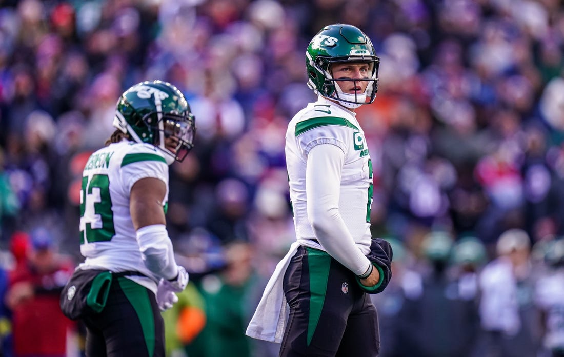 Nov 20, 2022; Foxborough, Massachusetts, USA; New York Jets quarterback Zach Wilson (2) on the field against the New England Patriots in the first half at Gillette Stadium. Mandatory Credit: David Butler II-USA TODAY Sports