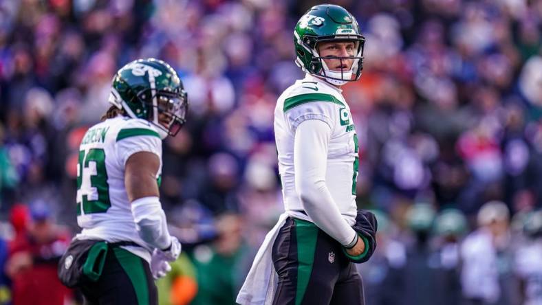 Nov 20, 2022; Foxborough, Massachusetts, USA; New York Jets quarterback Zach Wilson (2) on the field against the New England Patriots in the first half at Gillette Stadium. Mandatory Credit: David Butler II-USA TODAY Sports