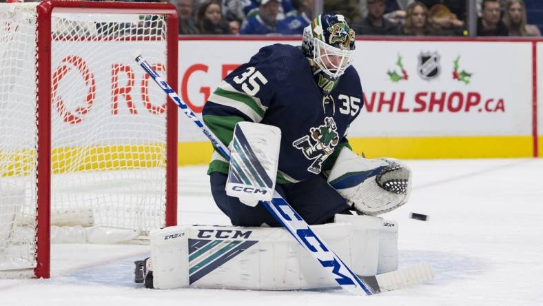 Nov 21, 2022; Vancouver, British Columbia, CAN; Vancouver Canucks goalie Thatcher Demko (35) makes a save against the Vegas Golden Knights in the second period at Rogers Arena. Mandatory Credit: Bob Frid-USA TODAY Sports