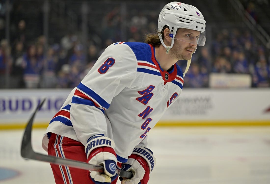 Nov 22, 2022; Los Angeles, California, USA; New York Rangers defenseman Jacob Trouba (8) warms up prior to the game against the Los Angeles Kings at Crypto.com Arena. Mandatory Credit: Jayne Kamin-Oncea-USA TODAY Sports