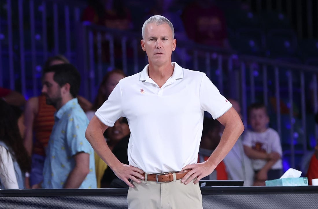 Nov 23, 2022; Paradise Island, BAHAMAS; USC Trojans head coach Andy Enfield reacts during the first half against the Brigham Young Cougars at Imperial Arena. Mandatory Credit: Kevin Jairaj-USA TODAY Sports