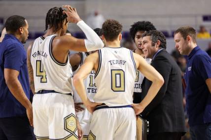 Nov 23, 2022; Fort Myers, Florida, USA;  Georgia Tech Yellow Jackets head coach Josh Pastner talks during a timeout against the Marquette Golden Eagles in the second half during the Fort Myers Tip-Off Beach Division third place game at Suncoast Credit Union Arena. Mandatory Credit: Nathan Ray Seebeck-USA TODAY Sports