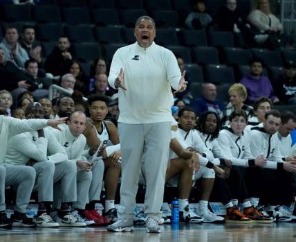 Providence College coach Ed Cooley expression his frustration of a call against the Friars from the bench.
