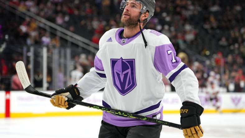 Nov 23, 2022; Las Vegas, Nevada, USA; Vegas Golden Knights defenseman Alex Pietrangelo (7) wears a special jersey representing Hockey Fights Cancer before the start of a game against the Ottawa Senators at T-Mobile Arena. Mandatory Credit: Stephen R. Sylvanie-USA TODAY Sports