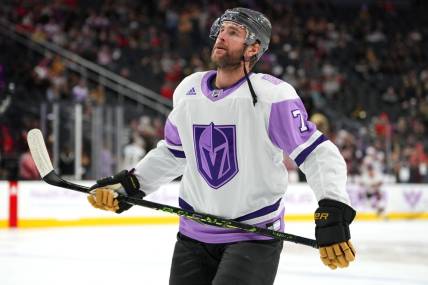 Nov 23, 2022; Las Vegas, Nevada, USA; Vegas Golden Knights defenseman Alex Pietrangelo (7) wears a special jersey representing Hockey Fights Cancer before the start of a game against the Ottawa Senators at T-Mobile Arena. Mandatory Credit: Stephen R. Sylvanie-USA TODAY Sports
