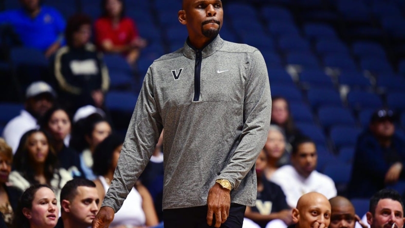 Nov 24, 2022; Anaheim, California, USA; Vanderbilt Commodores head coach Jerry Stackhouse watches game action against the Fresno State Bulldogs during the first half at Anaheim Convention Center. Mandatory Credit: Gary A. Vasquez-USA TODAY Sports