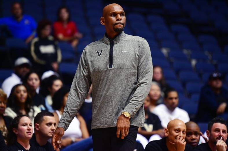 Nov 24, 2022; Anaheim, California, USA; Vanderbilt Commodores head coach Jerry Stackhouse watches game action against the Fresno State Bulldogs during the first half at Anaheim Convention Center. Mandatory Credit: Gary A. Vasquez-USA TODAY Sports