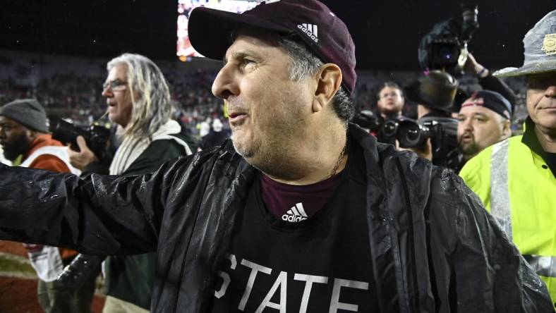 Nov 24, 2022; Oxford, Mississippi, USA; Mississippi State Bulldogs head coach Mike Leach walks onto the field  after the game against the Ole Miss Rebels at Vaught-Hemingway Stadium. Mandatory Credit: Matt Bush-USA TODAY Sports