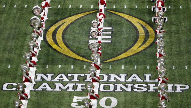 Alabama Crimson Tide band plays Monday, Jan. 10, 2022, before the College Football Playoff National Championship against Georgia at Lucas Oil Stadium in Indianapolis.