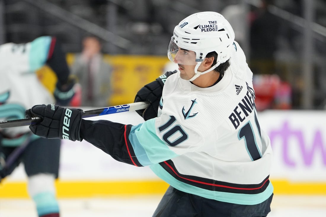 Nov 25, 2022; Las Vegas, Nevada, USA; Seattle Kraken center Matty Beniers (10) warms up before the game against the Vegas Golden Knights at T-Mobile Arena. Mandatory Credit: Stephen R. Sylvanie-USA TODAY Sports