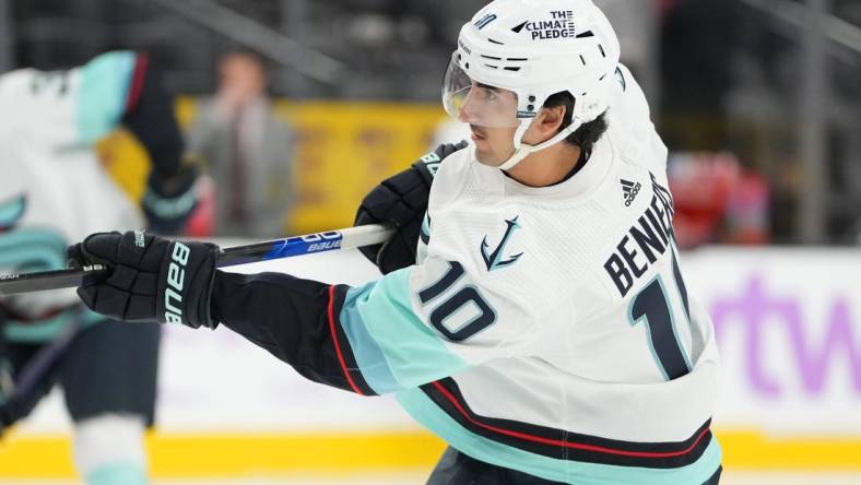 Nov 25, 2022; Las Vegas, Nevada, USA; Seattle Kraken center Matty Beniers (10) warms up before the game against the Vegas Golden Knights at T-Mobile Arena. Mandatory Credit: Stephen R. Sylvanie-USA TODAY Sports