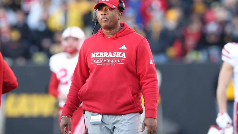 Nov 25, 2022; Iowa City, Iowa, USA; Nebraska Cornhuskers head coach Mickey Joseph watches his team play the Iowa Hawkeyes at Kinnick Stadium. Mandatory Credit: Reese Strickland-USA TODAY Sports