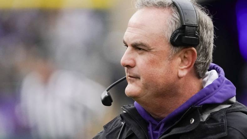 Nov 26, 2022; Fort Worth, Texas, USA; TCU Horned Frogs head coach Sonny Dykes on the sidelines during the first half against the Iowa State Cyclones at Amon G. Carter Stadium. Mandatory Credit: Raymond Carlin III-USA TODAY Sports