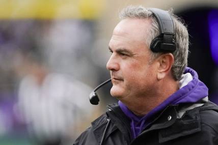 Nov 26, 2022; Fort Worth, Texas, USA; TCU Horned Frogs head coach Sonny Dykes on the sidelines during the first half against the Iowa State Cyclones at Amon G. Carter Stadium. Mandatory Credit: Raymond Carlin III-USA TODAY Sports