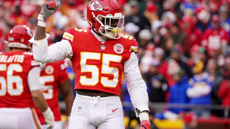 Nov 27, 2022; Kansas City, Missouri, USA; Kansas City Chiefs defensive end Frank Clark (55) celebrates after a play against the Los Angeles Rams during the first half at GEHA Field at Arrowhead Stadium. Mandatory Credit: Denny Medley-USA TODAY Sports