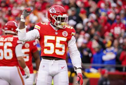 Nov 27, 2022; Kansas City, Missouri, USA; Kansas City Chiefs defensive end Frank Clark (55) celebrates after a play against the Los Angeles Rams during the first half at GEHA Field at Arrowhead Stadium. Mandatory Credit: Denny Medley-USA TODAY Sports