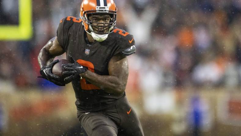 Nov 27, 2022; Cleveland, Ohio, USA; Cleveland Browns wide receiver Amari Cooper (2) runs the ball against the Tampa Bay Buccaneers during overtime at FirstEnergy Stadium. Mandatory Credit: Scott Galvin-USA TODAY Sports