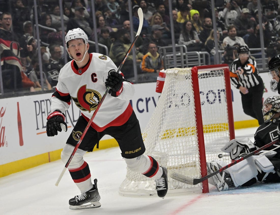 Nov 27, 2022; Los Angeles, California, USA;  Ottawa Senators left wing Brady Tkachuk (7) celebrates after scoring a goal in the first period against the Los Angeles Kings at Crypto.com Arena. Mandatory Credit: Jayne Kamin-Oncea-USA TODAY Sports