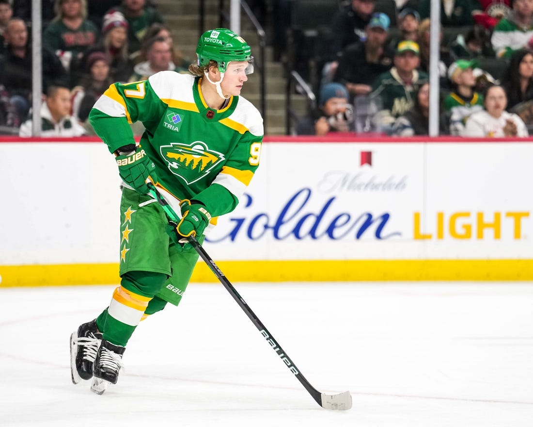 Nov 23, 2022; Saint Paul, Minnesota, USA; Minnesota Wild left wing Kirill Kaprizov (97) during the third period against the Winnipeg Jets at Xcel Energy Center. Mandatory Credit: Brace Hemmelgarn-USA TODAY Sports