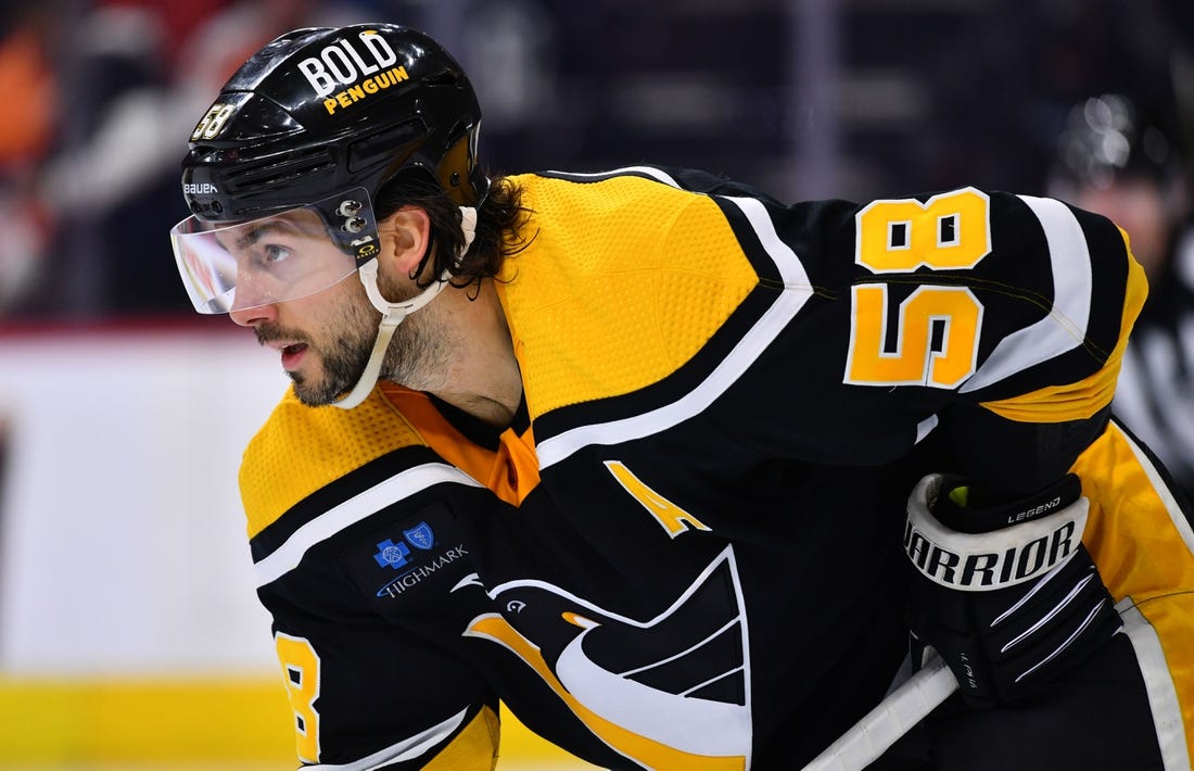 Nov 25, 2022; Philadelphia, Pennsylvania, USA; Pittsburgh Penguins defenseman Kris Letang (58) against the Philadelphia Flyers in the third period at Wells Fargo Center. Mandatory Credit: Kyle Ross-USA TODAY Sports