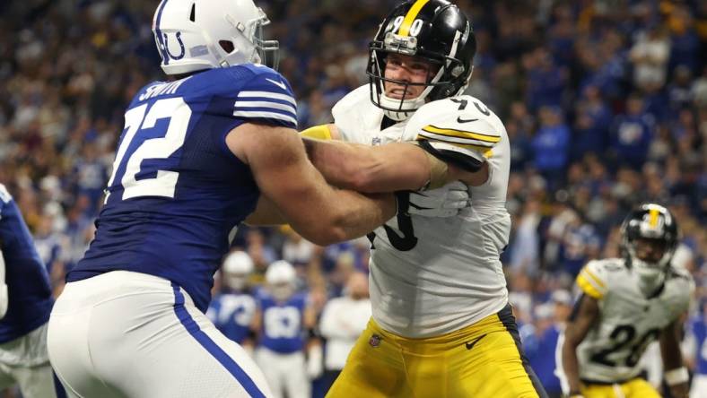 Nov 28, 2022; Indianapolis, Indiana, USA; Indianapolis Colts tackle Braden Smith (72) blocks Pittsburgh Steelers outside linebacker T.J. Watt (90) during the second half at Lucas Oil Stadium. Mandatory Credit: Trevor Ruszkowski-USA TODAY Sports