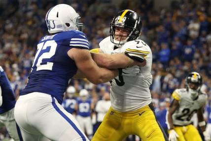 Nov 28, 2022; Indianapolis, Indiana, USA; Indianapolis Colts tackle Braden Smith (72) blocks Pittsburgh Steelers outside linebacker T.J. Watt (90) during the second half at Lucas Oil Stadium. Mandatory Credit: Trevor Ruszkowski-USA TODAY Sports