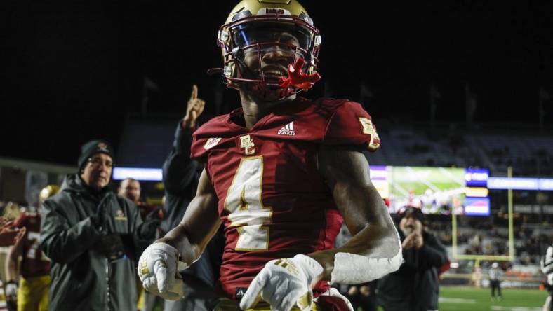 Nov 26, 2022; Chestnut Hill, Massachusetts, USA; Boston College Eagles wide receiver Zay Flowers (4) against the Syracuse Orange during the second quarter at Alumni Stadium. Mandatory Credit: Winslow Townson-USA TODAY Sports