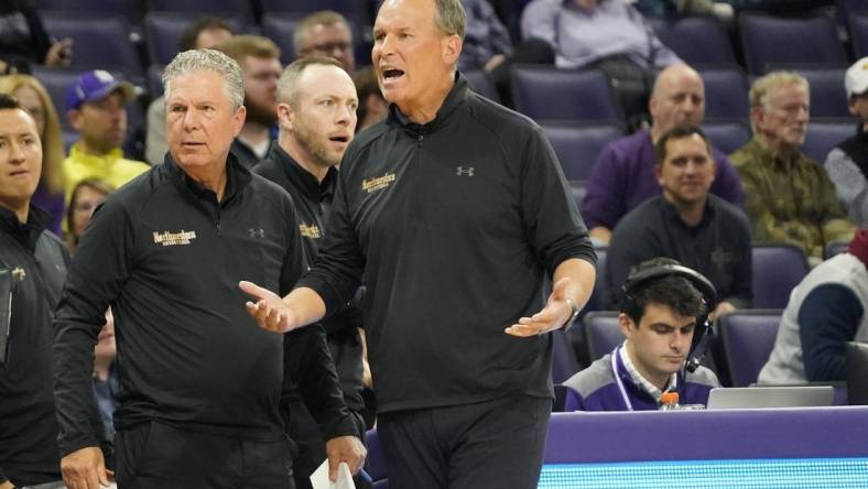 Nov 28, 2022; Evanston, Illinois, USA; Northwestern Wildcats head coach Chris Collins questions a call during the first half at Welsh-Ryan Arena. Mandatory Credit: David Banks-USA TODAY Sports