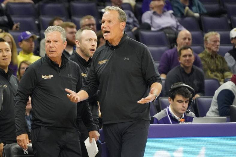 Nov 28, 2022; Evanston, Illinois, USA; Northwestern Wildcats head coach Chris Collins questions a call during the first half at Welsh-Ryan Arena. Mandatory Credit: David Banks-USA TODAY Sports