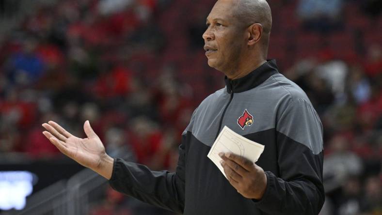 Nov 29, 2022; Louisville, Kentucky, USA;  Louisville Cardinals head coach Kenny Payne reacts during the second half against the Maryland Terrapins at KFC Yum! Center. Maryland defeated Louisville 79-54. Mandatory Credit: Jamie Rhodes-USA TODAY Sports