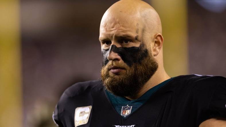 Nov 27, 2022; Philadelphia, Pennsylvania, USA; Philadelphia Eagles offensive tackle Lane Johnson (65) on the sideline against the Green Bay Packers at Lincoln Financial Field. Mandatory Credit: Bill Streicher-USA TODAY Sports