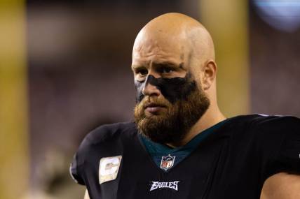 Nov 27, 2022; Philadelphia, Pennsylvania, USA; Philadelphia Eagles offensive tackle Lane Johnson (65) on the sideline against the Green Bay Packers at Lincoln Financial Field. Mandatory Credit: Bill Streicher-USA TODAY Sports