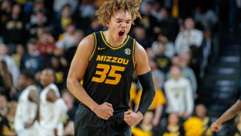 Nov 29, 2022; Wichita, Kansas, USA; Missouri Tigers forward Noah Carter (35) reacts after an overtime victory against against the Wichita State Shockers at Charles Koch Arena. Mandatory Credit: William Purnell-USA TODAY Sports