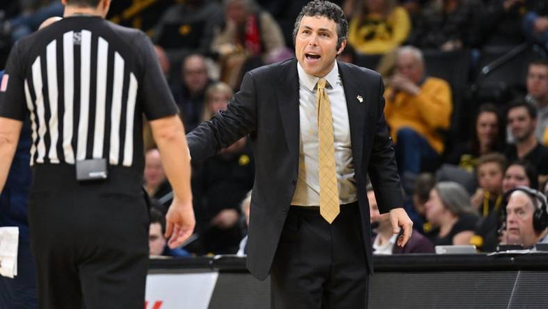 Nov 29, 2022; Iowa City, Iowa, USA; Georgia Tech Yellow Jackets head coach Josh Pastner reacts with an official during the second half against the Iowa Hawkeyes at Carver-Hawkeye Arena. Mandatory Credit: Jeffrey Becker-USA TODAY Sports