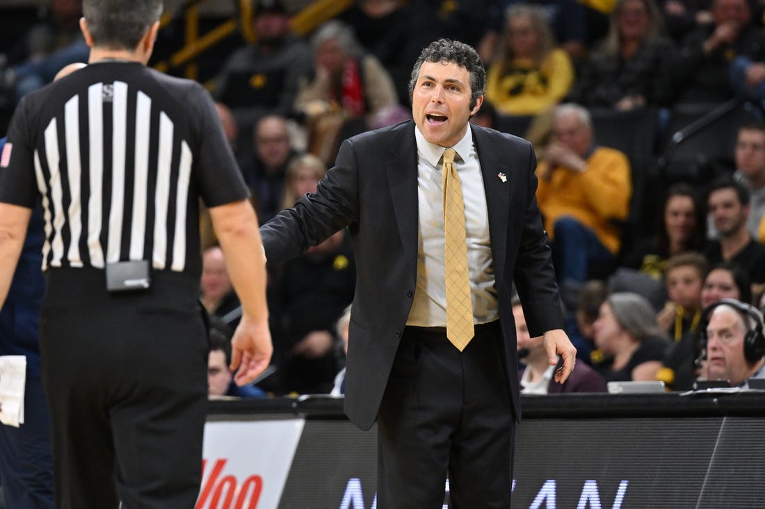 Nov 29, 2022; Iowa City, Iowa, USA; Georgia Tech Yellow Jackets head coach Josh Pastner reacts with an official during the second half against the Iowa Hawkeyes at Carver-Hawkeye Arena. Mandatory Credit: Jeffrey Becker-USA TODAY Sports