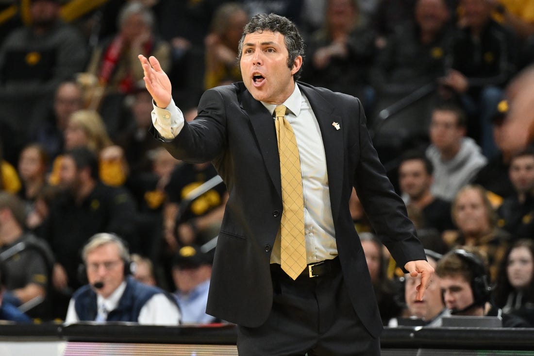 Nov 29, 2022; Iowa City, Iowa, USA; Georgia Tech Yellow Jackets head coach Josh Pastner reacts during the second half against the Iowa Hawkeyes at Carver-Hawkeye Arena. Mandatory Credit: Jeffrey Becker-USA TODAY Sports