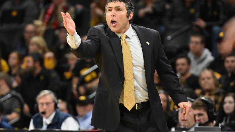 Nov 29, 2022; Iowa City, Iowa, USA; Georgia Tech Yellow Jackets head coach Josh Pastner reacts during the second half against the Iowa Hawkeyes at Carver-Hawkeye Arena. Mandatory Credit: Jeffrey Becker-USA TODAY Sports