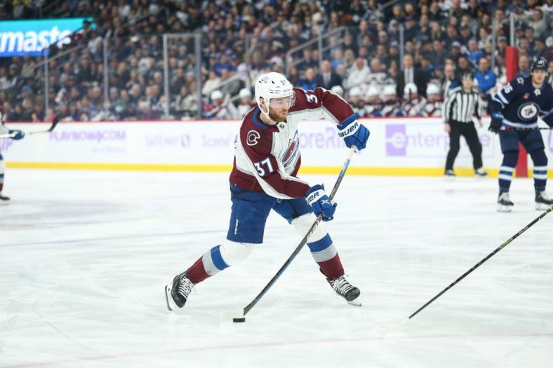 Nov 29, 2022; Winnipeg, Manitoba, CAN;  Colorado Avalanche forward J.T. Compher (37) shoots on the Winnipeg Jets net during the first period at Canada Life Centre. Mandatory Credit: Terrence Lee-USA TODAY Sports