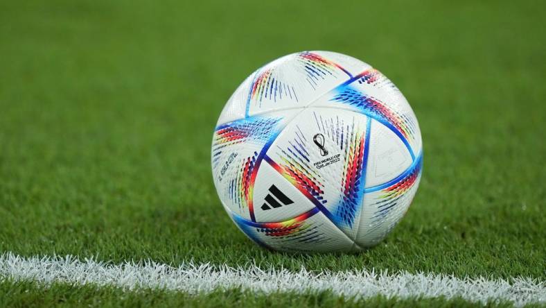 Nov 30, 2022; Doha, Qatar; A detailed view of an Adidas ball before a group stage match between Poland and Argentina during the 2022 World Cup at Stadium 974. Mandatory Credit: Danielle Parhizkaran-USA TODAY Sports