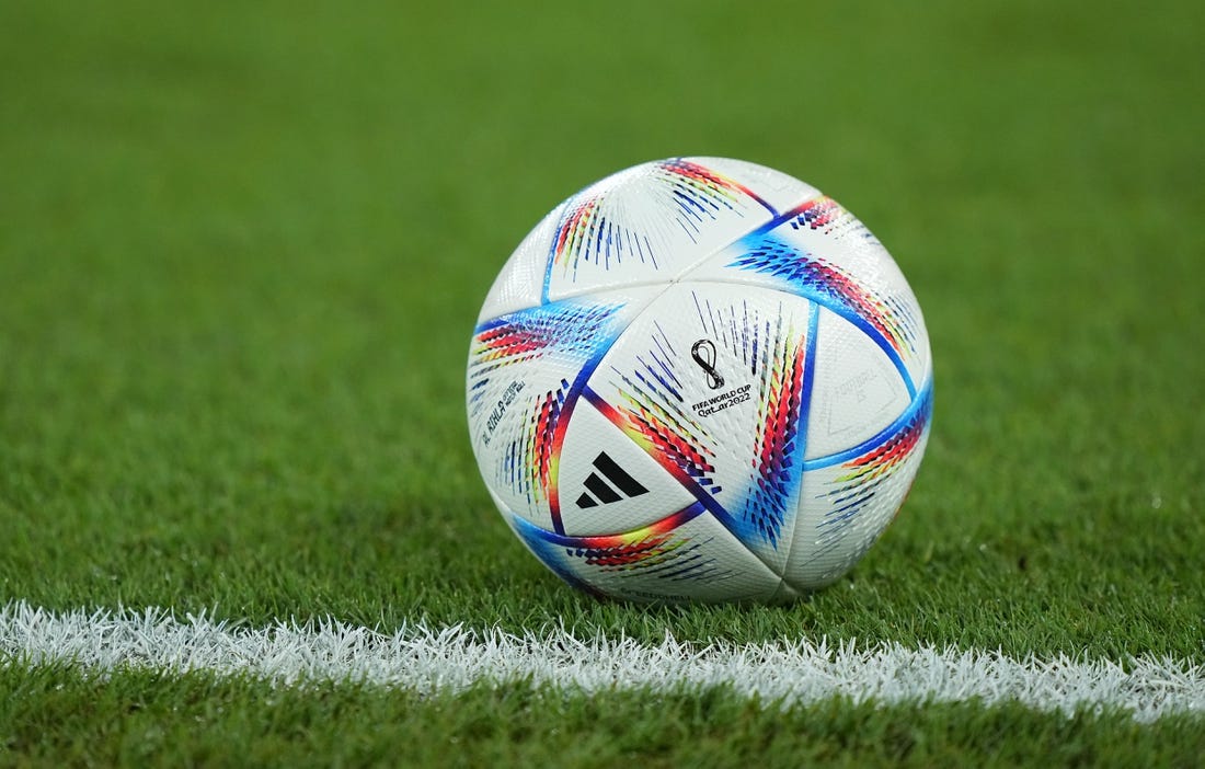 Nov 30, 2022; Doha, Qatar; A detailed view of an Adidas ball before a group stage match between Poland and Argentina during the 2022 World Cup at Stadium 974. Mandatory Credit: Danielle Parhizkaran-USA TODAY Sports