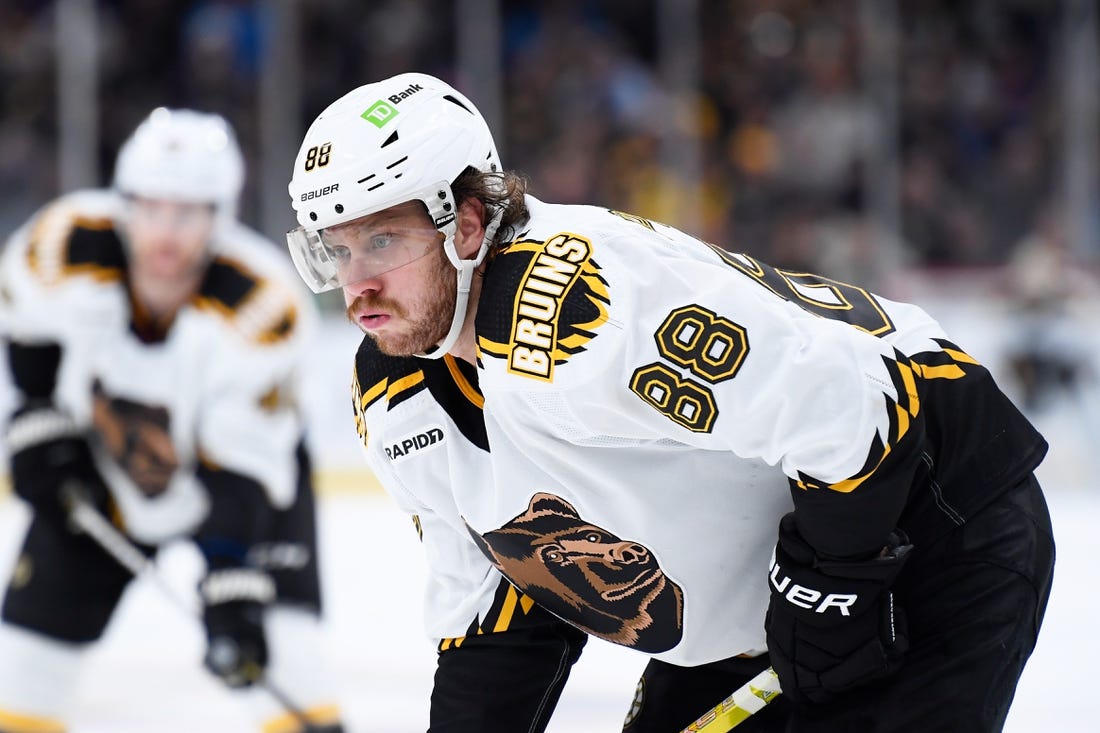 Nov 29, 2022; Boston, Massachusetts, USA;  Boston Bruins right wing David Pastrnak (88) gets set for a face-off during the third period against the Tampa Bay Lightning at TD Garden. Mandatory Credit: Bob DeChiara-USA TODAY Sports