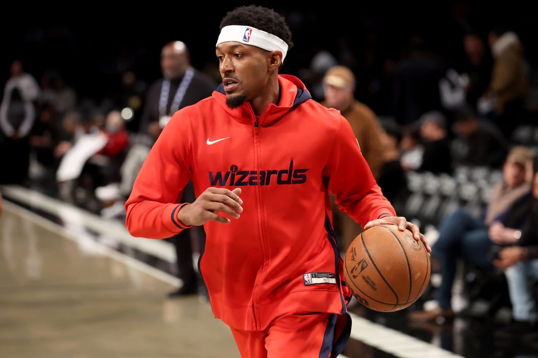 Nov 30, 2022; Brooklyn, New York, USA; Washington Wizards guard Bradley Beal (3) warms up before a game against the Brooklyn Nets at Barclays Center. Mandatory Credit: Brad Penner-USA TODAY Sports