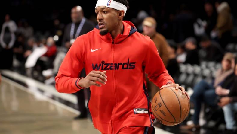 Nov 30, 2022; Brooklyn, New York, USA; Washington Wizards guard Bradley Beal (3) warms up before a game against the Brooklyn Nets at Barclays Center. Mandatory Credit: Brad Penner-USA TODAY Sports