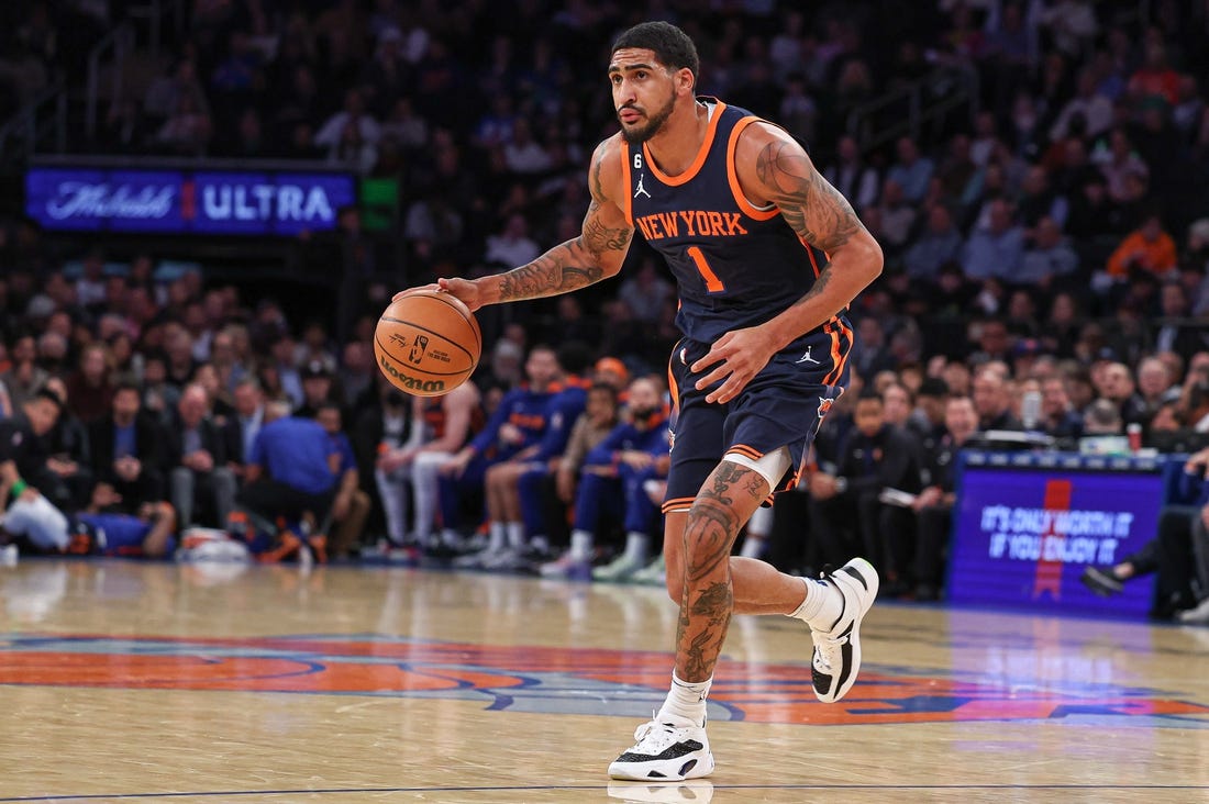 Nov 30, 2022; New York, New York, USA; New York Knicks forward Obi Toppin (1) dribbles during the first half against the Milwaukee Bucks at Madison Square Garden. Mandatory Credit: Vincent Carchietta-USA TODAY Sports